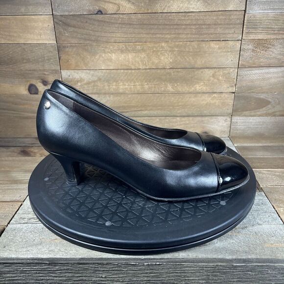 AGL Womens 38 EU/8 US Cap Toe Pumps Heels Nude Black Leather Patent Round Toe - Picture 1 of 10